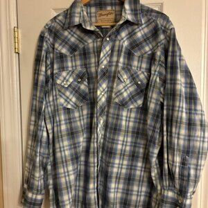 Wranger Men's Blue Plaid Snap Button Western Country Long Sleeve Shirt Size XL